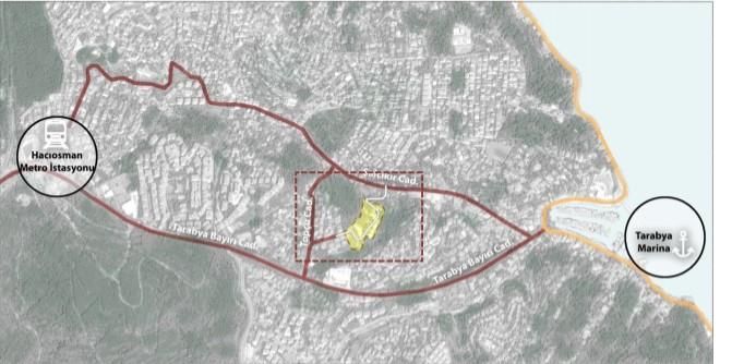 Hacıosman metro ve Tarabya Marina arasındaki konumu gösteren harita