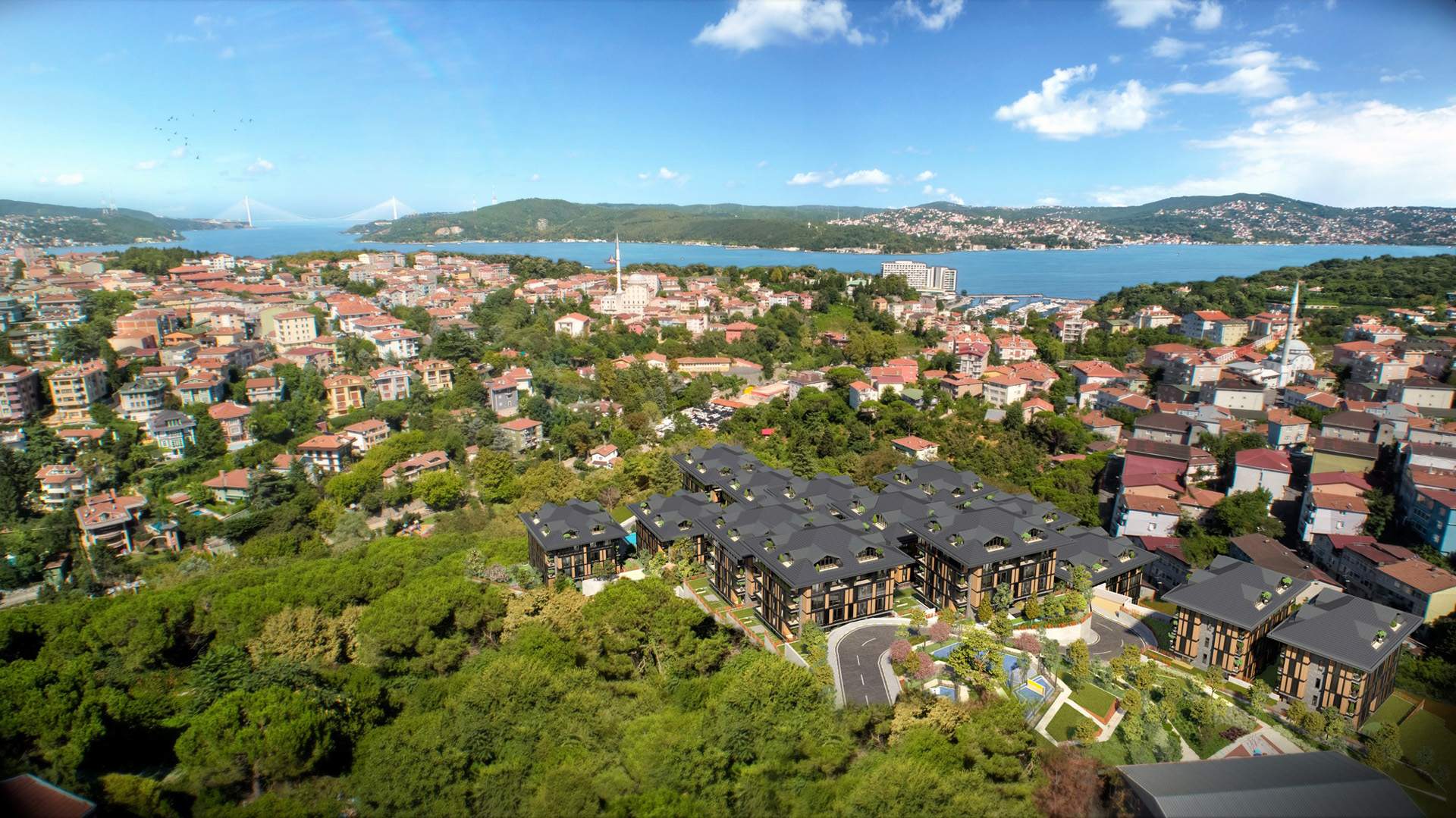 Le Chic Tarabya’nın koru içindeki blokları; arka planda Tarabya koyu ve İstanbul Boğazı