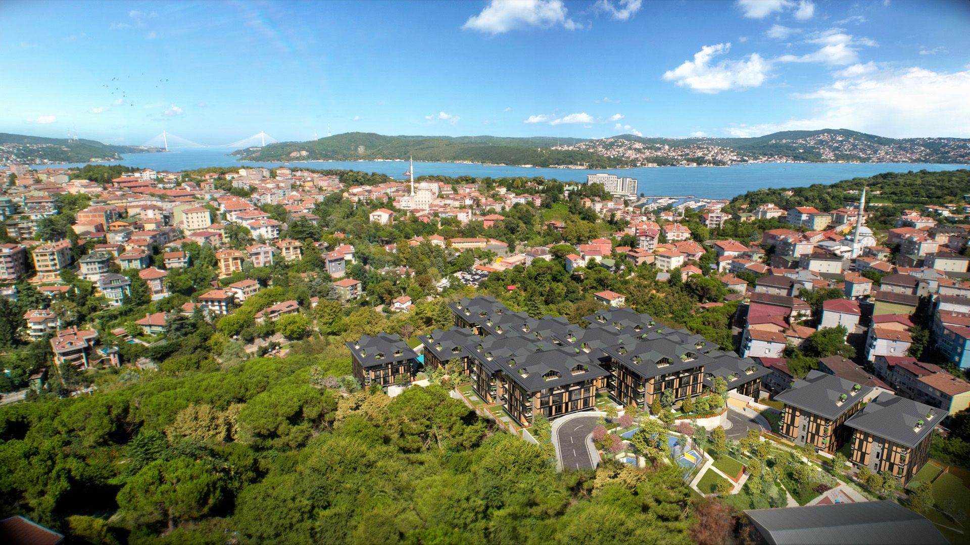 Le Chic Tarabya’nın koru içindeki blokları; arka planda Tarabya koyu ve İstanbul Boğazı
