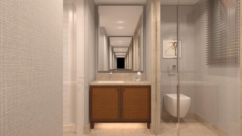 Ahşap lavabo dolabı, mermer tezgâh ve cam duşakabinli banyo