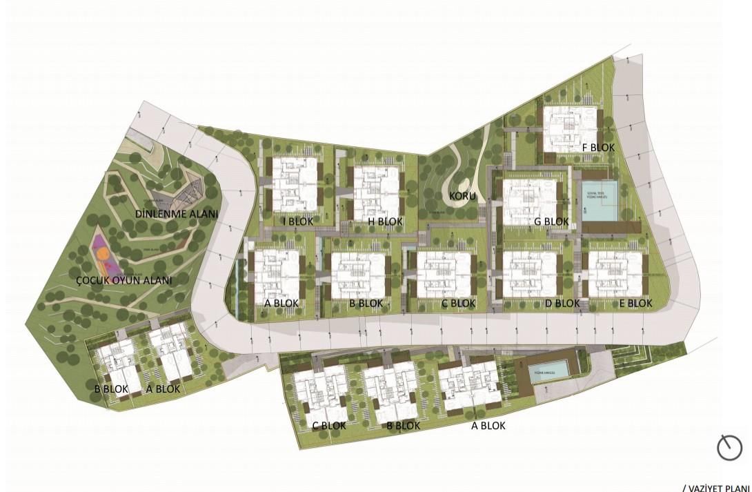 Le Chic Tarabya vaziyet planı: 14 blok, site içi yol, havuzlar ve peyzaj